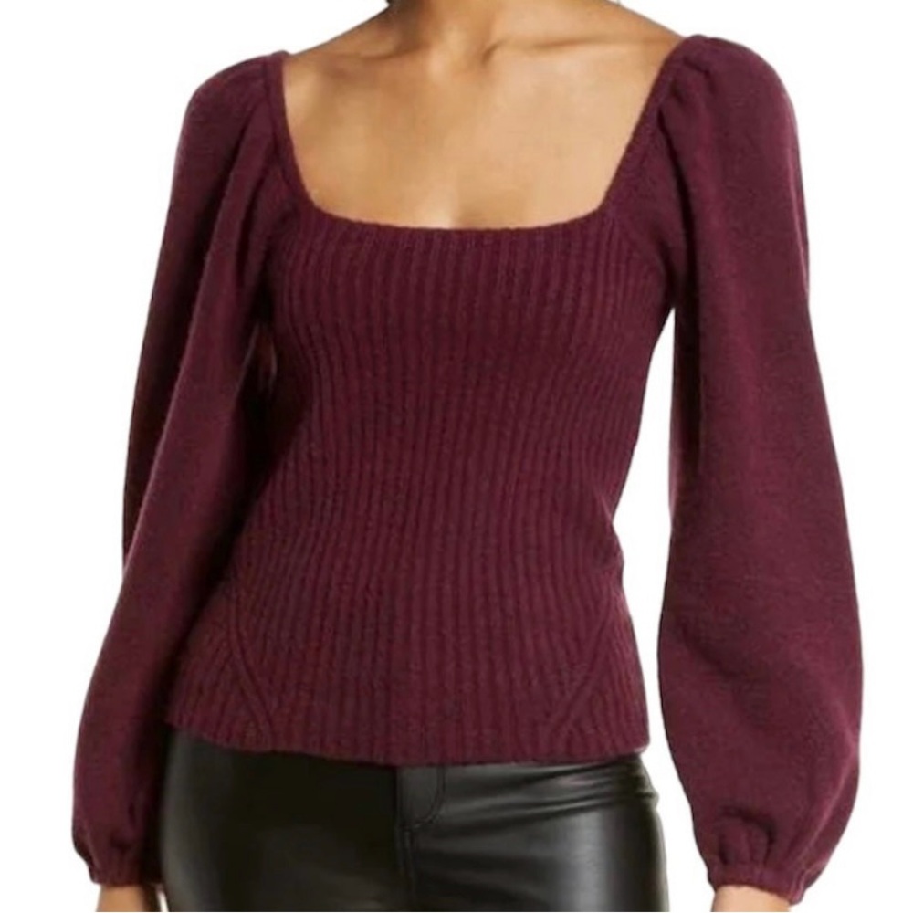 HALOGEN Women’s Sz S Puff Sleeve Square Neck Wool Blend Burgundy Sweater